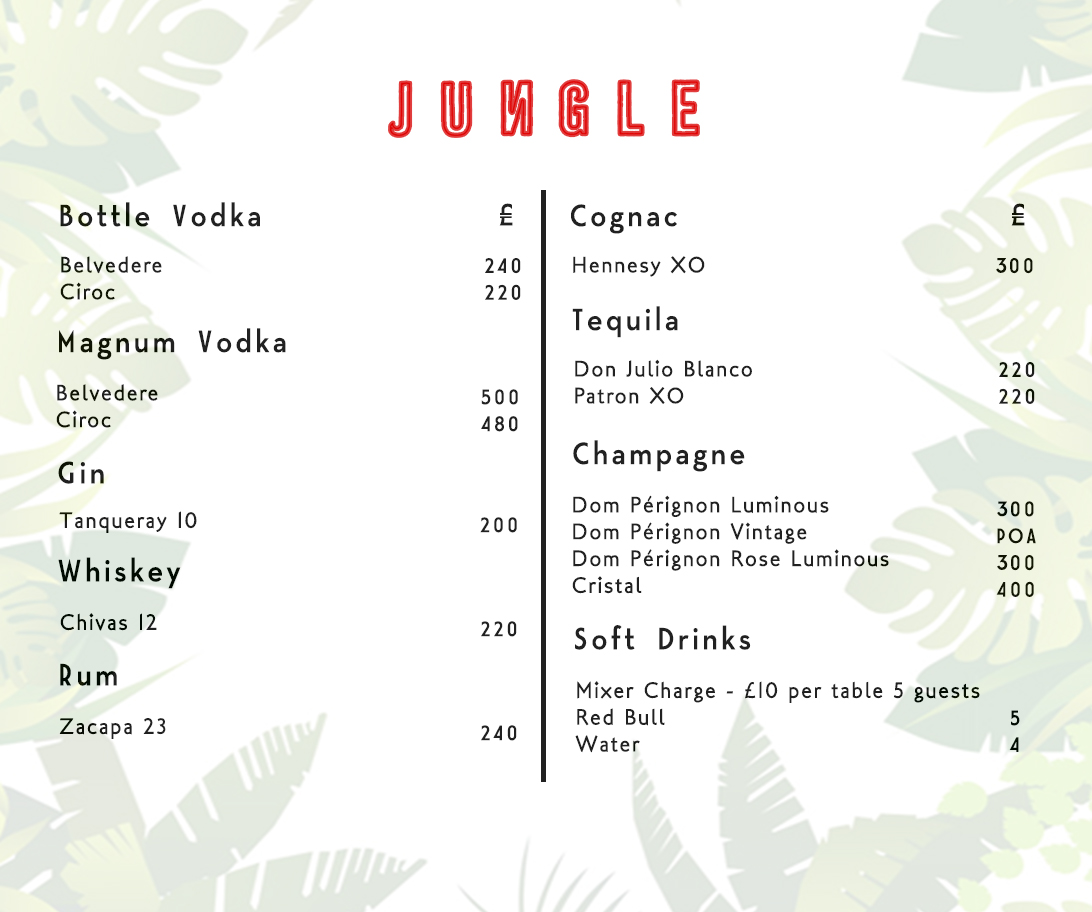 Jungle London Bottle Menu
