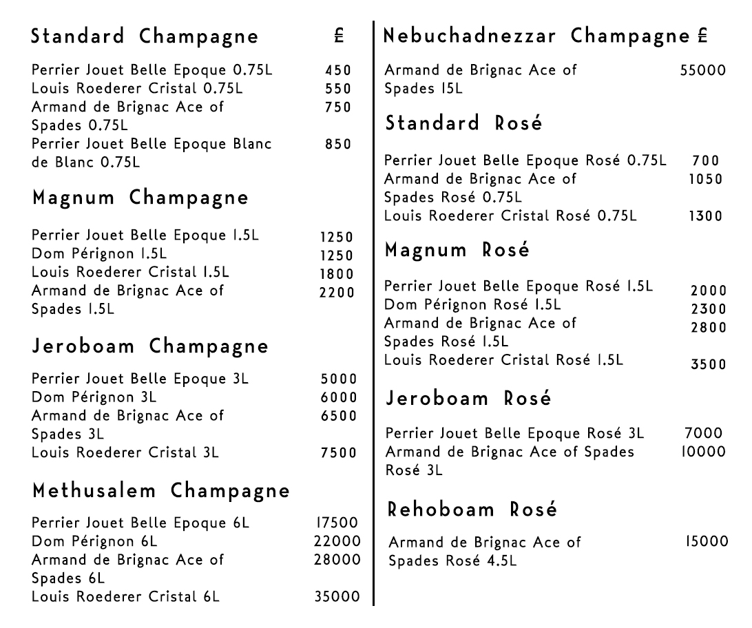 Reign Showclub Menu